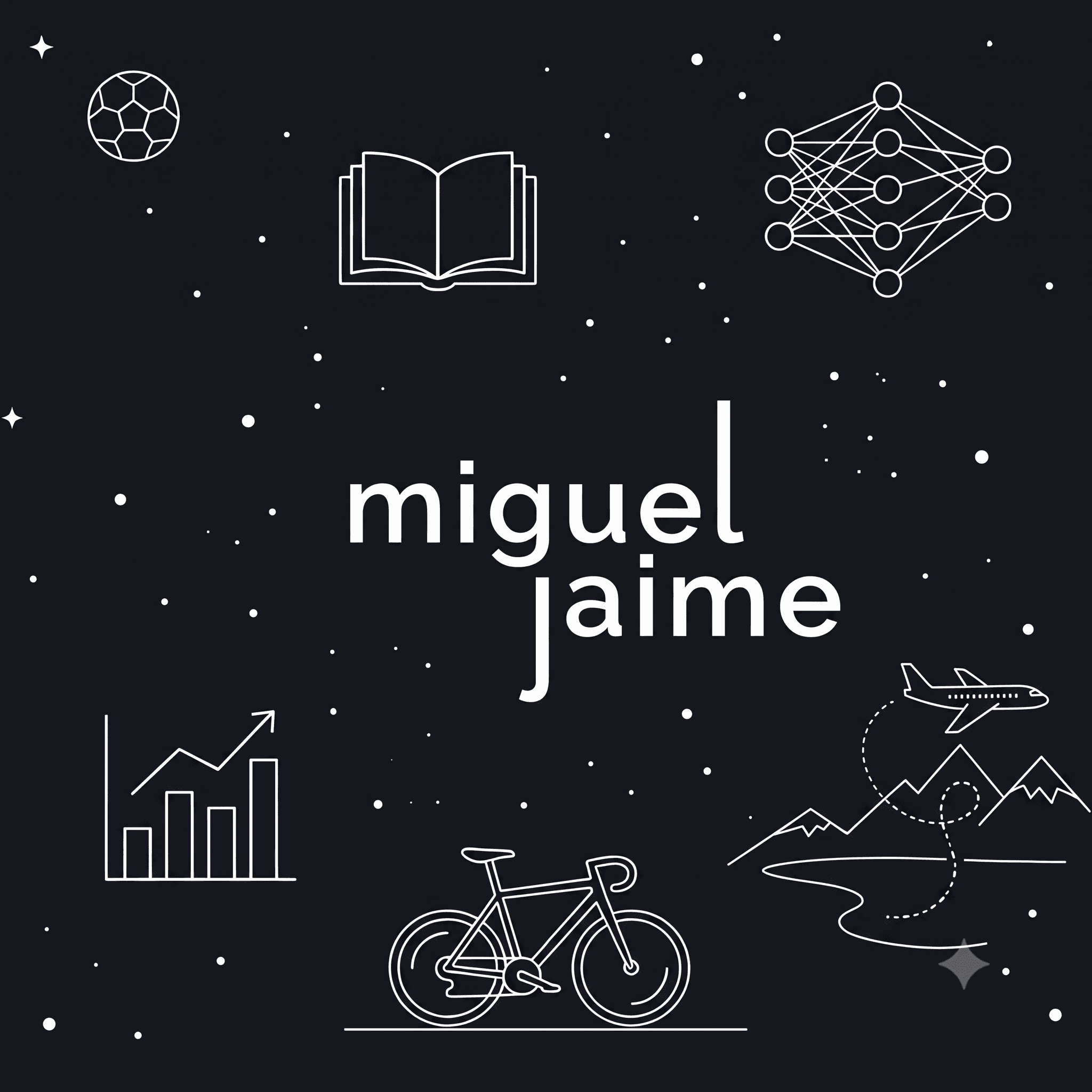 miguel jaime — line-art illustrations of a soccer ball, open book, neural network, bar chart, road bike, and airplane over mountains on a starry navy background